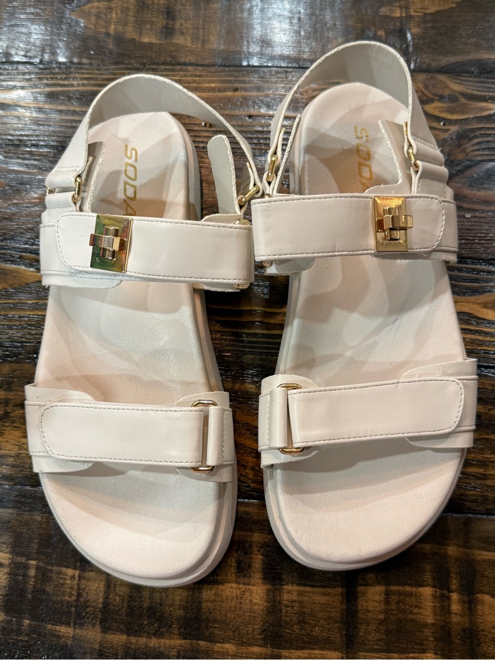 Soda Cream Double-Strap Sandals with Gold Buckle Accents